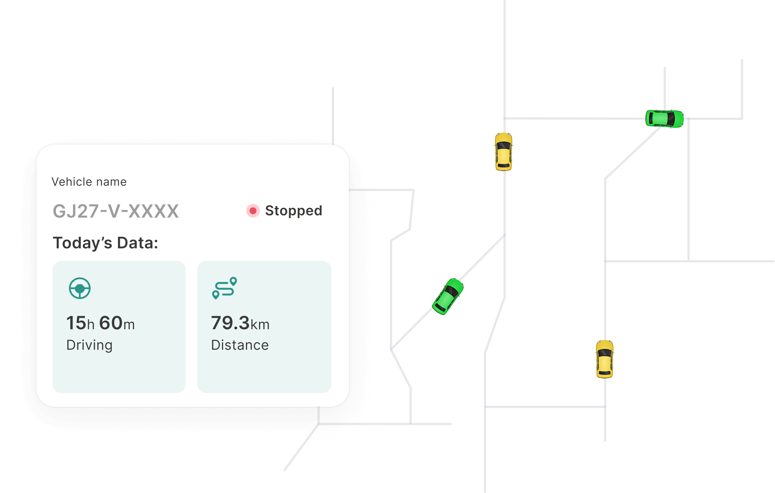 Roadcast mobile app interface showing real-time location tracking of vehicles, pets, and loved ones with detailed reports and smart alerts