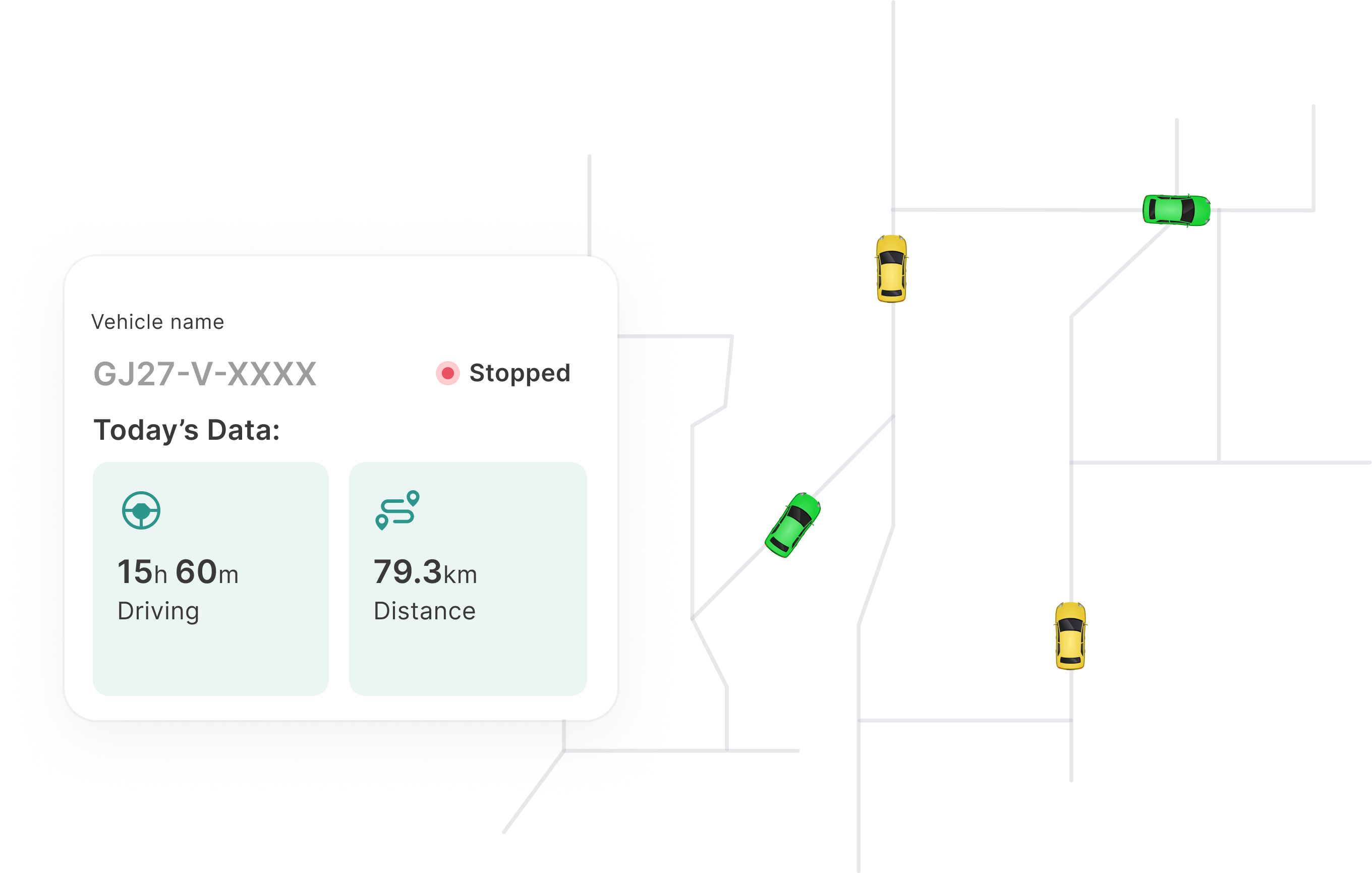 Roadcast mobile app interface showing real-time location tracking of vehicles, pets, and loved ones with detailed reports and smart alerts