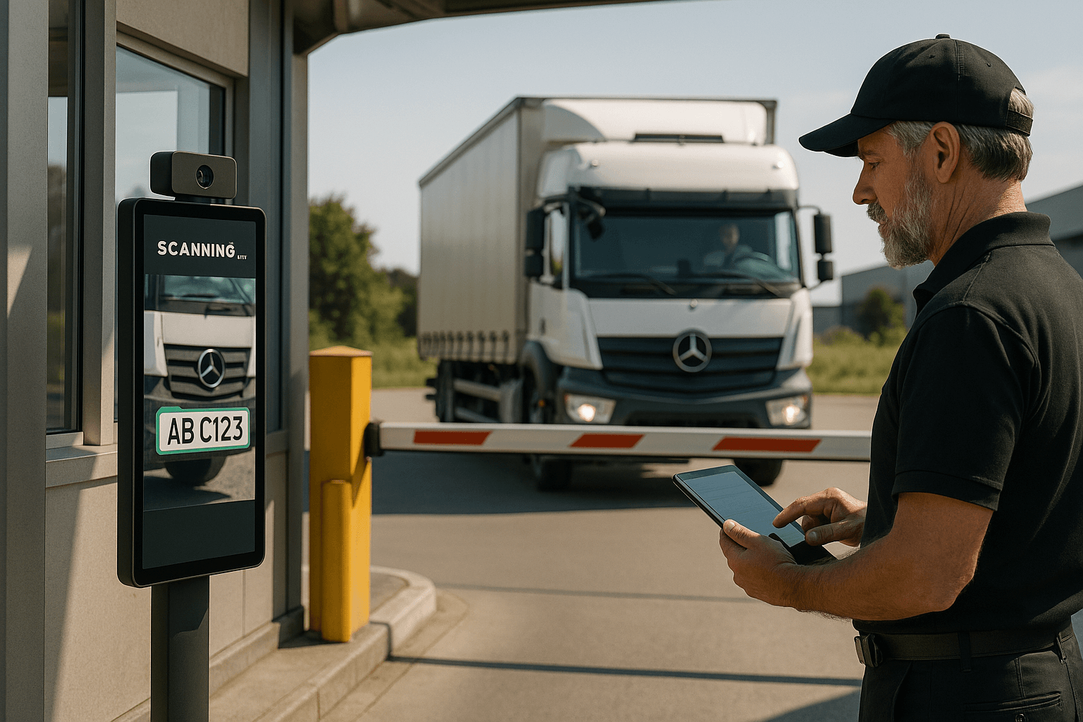 IoT-powered system automating vehicle and cargo tracking, enhancing security with AI-based license plate recognition, and providing real-time updates on driver information and vehicle status