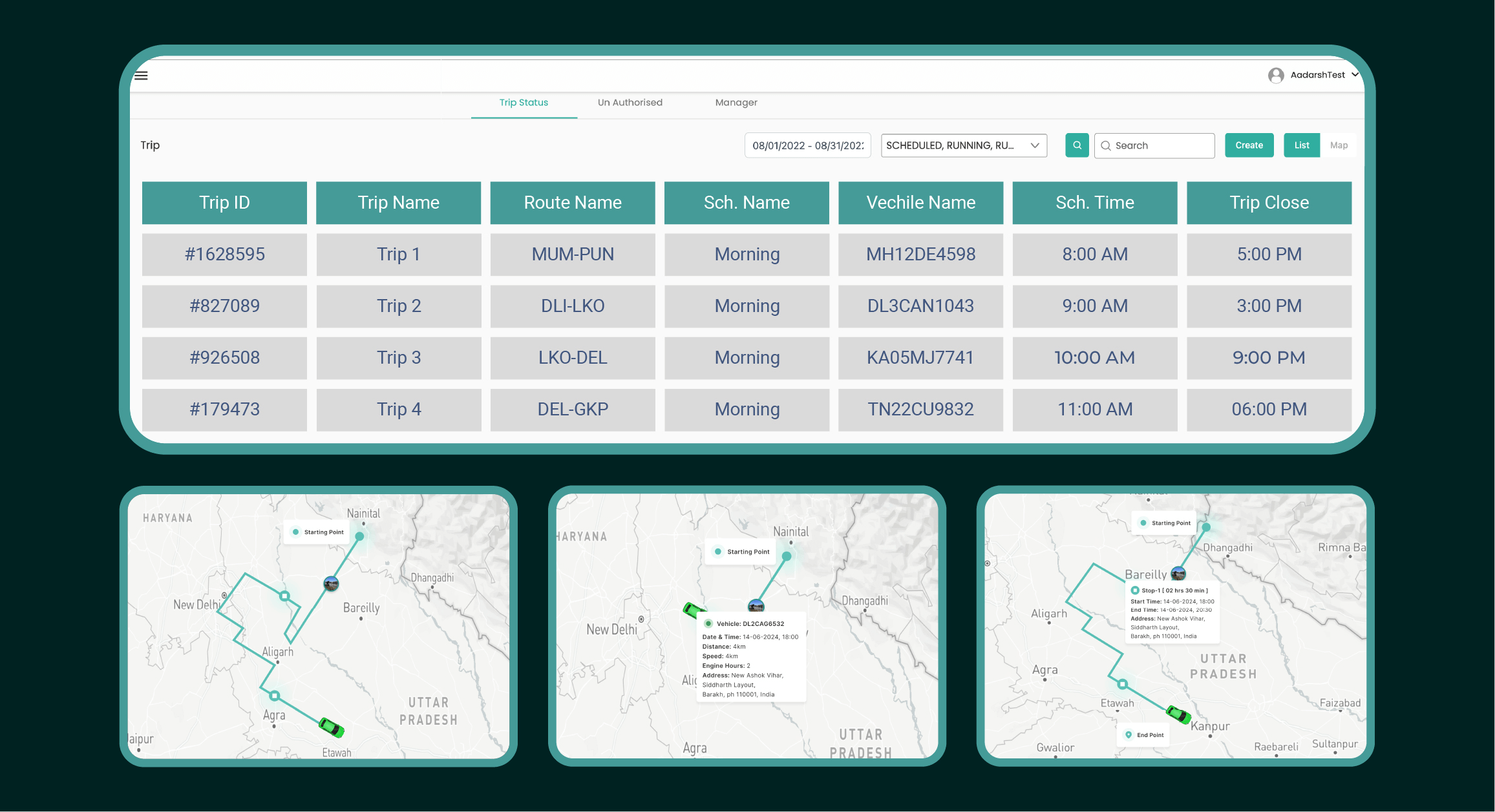 Roadcast fleet roster interface showing vehicles onboarded with route-wise schedules and ETAs